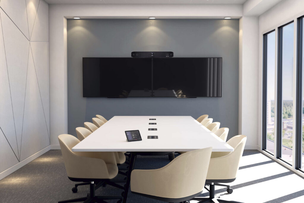 Modern commercial boardroom with video conferencing display