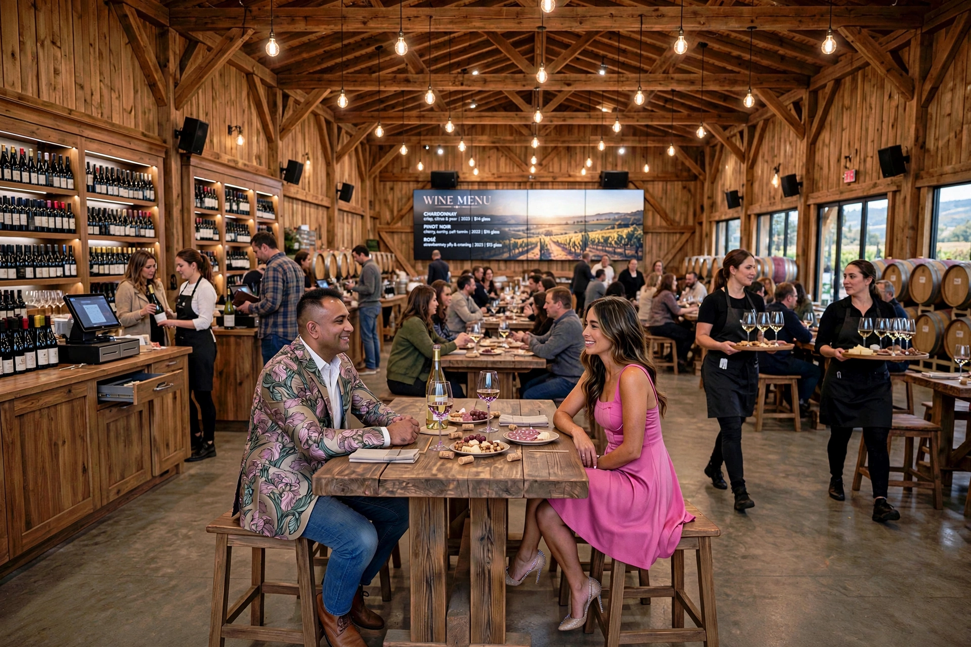 Wide winery tasting hall with guests at wine tables, a bottle showcase and shop counter, beneath a large LED video wall