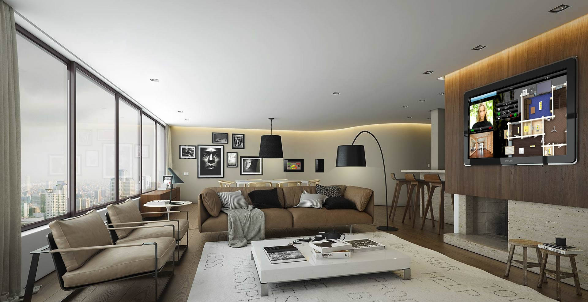 Bright smart home living room with wall-mounted display